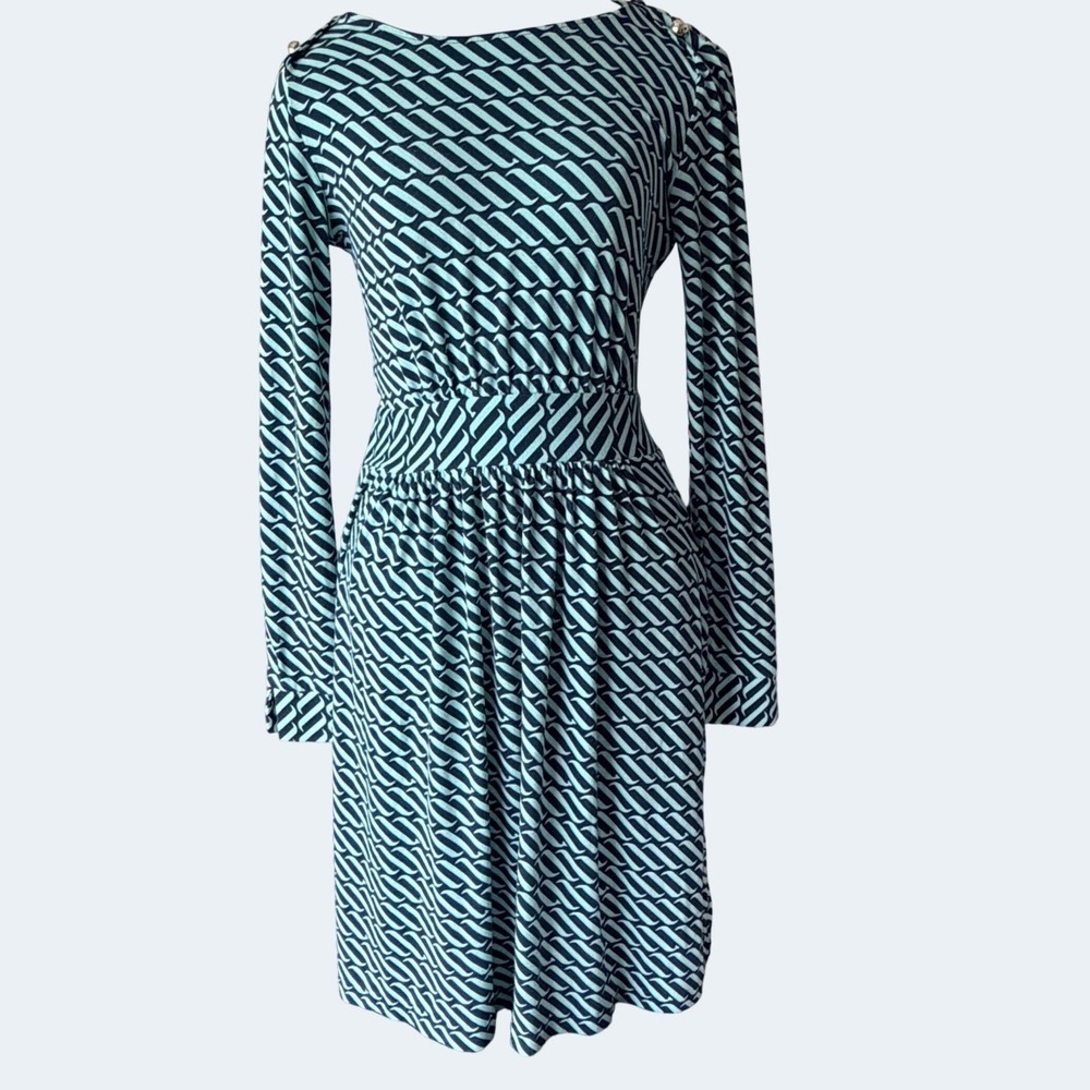 Vineyard Vines Teal Navy Geometric Whale Print Dress Small Preppy Nautical